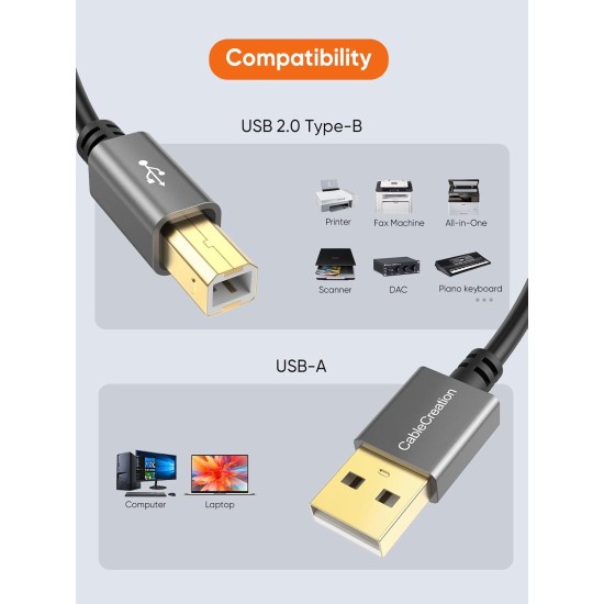 CableCreation USB Printer Cable, USB 2.0 A Male to B Male Scanner Cord, Compatible with, Cannon, Brother, Epson, Xerox, Samsung and More, 5 FT, Aluminium Case, Black CableCreation USB Printer Cable, USB 2.0 A Male to B Male Scanner Cord, Compatible with, Cannon, Brother, Epson, Xerox, Samsung and More, 5 FT, Aluminium Case, Black