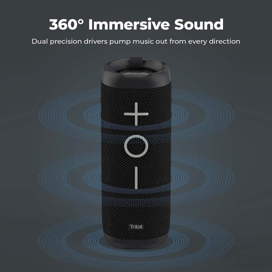 Tribit StormBox 24W Bluetooth Wireless Speakers,360°Surround Sound,Enhanced Bass-Independent XBass Button,Wireless Dual Pairing,Built-In Mic,IPX7 Waterproof,20H Playtime,Outdoor Portable Speaker,Black
