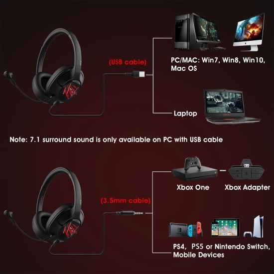 Eksa E3 Mobile Virtual 7.1 Surround Gaming Wired Over Ear Headphones With Mic -3.5Mm For Switch, Computer With Detachable Noise Cancelling, Ultra Lightweight Comfortable Usb Gaming (Red) Eksa E3 Mobile Virtual 7.1 Surround Gaming Wired Over Ear Headphones With Mic -3.5Mm For Switch, Computer With Detachable Noise Cancelling, Ultra Lightweight Comfortable Usb Gaming (Red)