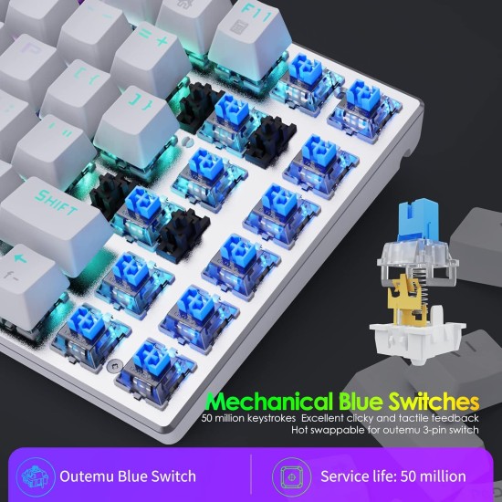 HUO JI Mechanical Gaming Keyboard Blue Switches Hot Swappable, E-YOOSO Z-88 Rainbow LED Backlit, USB Type-C Wired 81 Keys, for Desktop, PC Black