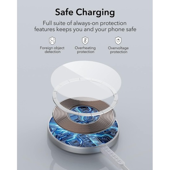 ESR Magnetic Wireless Charger, Compatible with Magsafe Charger, Compatible with iPhone 16/15/14/13/12 Series, AirPods 4/3/AirPods Pro, Strong Magnetic Lock, Reinforced Braided Nylon Cable, Silver ESR Magnetic Wireless Charger, Compatible with Magsafe Charger, Compatible with iPhone 16/15/14/13/12 Series, AirPods 4/3/AirPods Pro, Strong Magnetic Lock, Reinforced Braided Nylon Cable, Silver