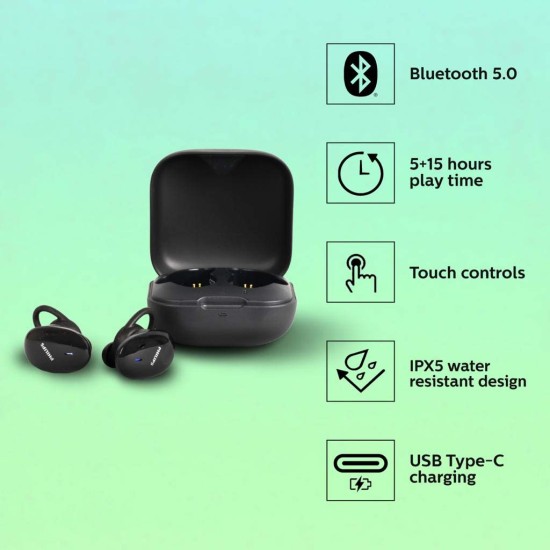 Philips Audio Tws Tat4205 Bluetooth Truly Wireless In Ear Earbuds With Mic, Ipx5, Touch Control, 20 Hr Playtime (5+15), C-Type Charging (Black) Philips Audio Tws Tat4205 Bluetooth Truly Wireless In Ear Earbuds With Mic, Ipx5, Touch Control, 20 Hr Playtime (5+15), C-Type Charging (Black)