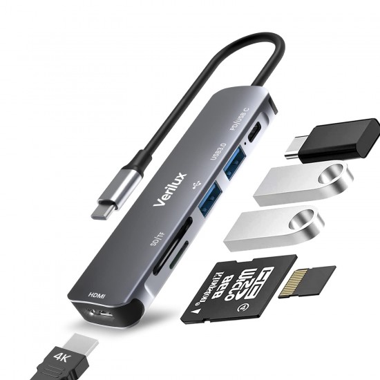 Verilux ® USB C Hub Multiport Adapter 6 in 1 Portable Aluminum USB Extender Verilux ® USB C Hub Multiport Adapter 6 in 1 Portable Aluminum USB Extender