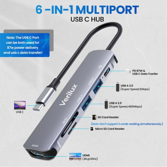 Verilux ® USB C Hub Multiport Adapter 6 in 1 Portable Aluminum USB Extender Verilux ® USB C Hub Multiport Adapter 6 in 1 Portable Aluminum USB Extender