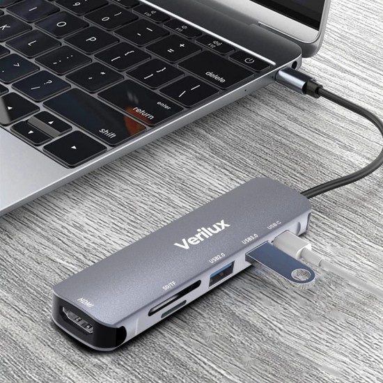 Verilux ® USB C Hub Multiport Adapter 6 in 1 Portable Aluminum USB Extender Verilux ® USB C Hub Multiport Adapter 6 in 1 Portable Aluminum USB Extender