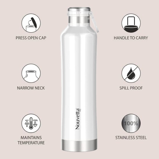 Nouvetta Etihad Double Wall Bottle - White 750 ml Bottle (Pack of 2, White, Steel)