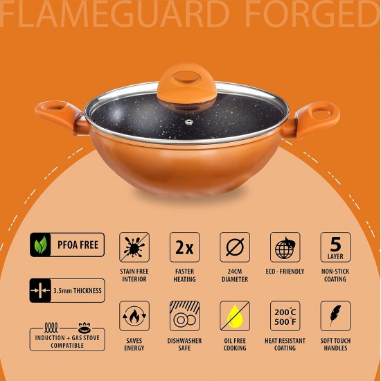 Nouvetta Flame Guard Forged Non Stick Kadhai with Glass Lid (24 cm, 3 Coat, 3.5mm Thickness), Copper Nouvetta Flame Guard Forged Non Stick Kadhai with Glass Lid (24 cm, 3 Coat, 3.5mm Thickness), Copper