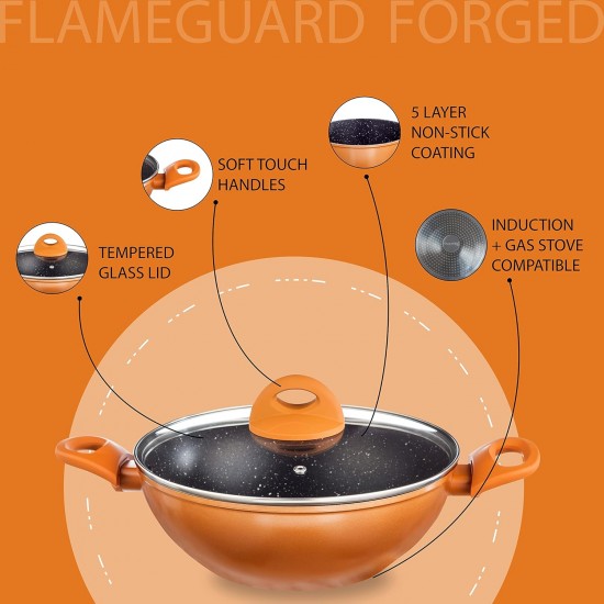 Nouvetta Flame Guard Forged Non Stick Kadhai with Glass Lid (24 cm, 3 Coat, 3.5mm Thickness), Copper Nouvetta Flame Guard Forged Non Stick Kadhai with Glass Lid (24 cm, 3 Coat, 3.5mm Thickness), Copper