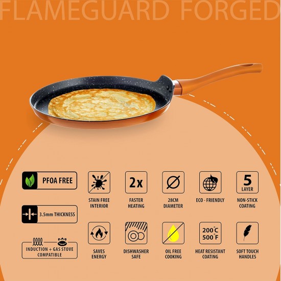 Nouvetta Flame Guard Forged Non-Stick Tawa with 2-Way Non-Stick Coating, 28cm (Induction and Gas Stove Compatible), Copper